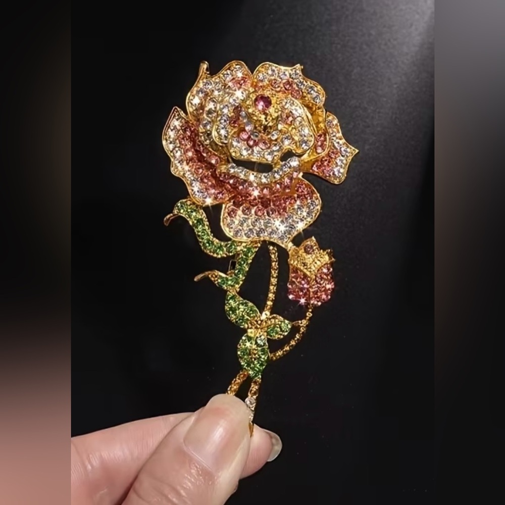 Gold-Tone & Zirconia Pink Rose Brooch with Green Accents